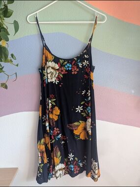 Navy Floral Slip Mini Dress with Orange & White Blooms